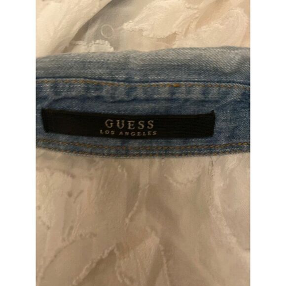Guess women's white sheer floral denim collared button tied sleeveless blouse XS - Picture 6 of 9